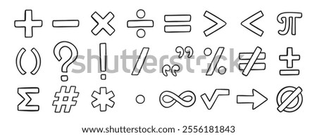 math symbols doodle hand drawn icon set. Outline drawing line clipart symbol collection. Vector illustration