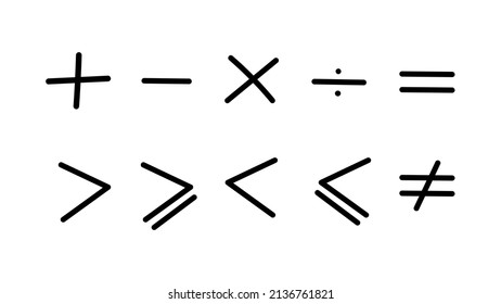 Math symbols drawn blackboard icons. Addition and subtraction written by hand with further division multiplication comparison greater or less with general vector equality