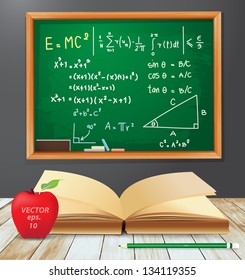 Math symbols emc2 concept, Chalkboard drawings with open book, red apple, pencil on wood plank texture background, Vector illustration template design
