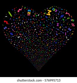 Math Symbols fireworks with heart shape. Vector illustration style is flat bright multicolored iconic symbols on a black background. Object stream created from random design elements.