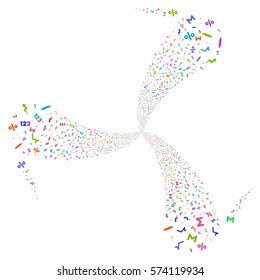 Math Symbols fireworks swirl rotation. Vector illustration style is flat bright multicolored iconic symbols on a white background. Object spiral created from random pictographs.