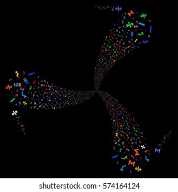 Math Symbols fireworks swirl rotation. Vector illustration style is flat bright multicolored iconic symbols on a black background. Object twirl done from random icons.