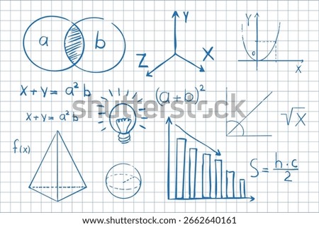 Math symbols formulas on notebook page background. Sketch symbols mathematical equations, schemes geometry shapes. 