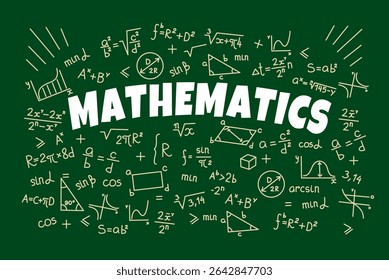 Símbolos matemáticos e fórmulas no fundo do quadro escolar, educação vetorial. Ciências matemáticas com equações de álgebra de giz de esboço, formas geométricas, teoremas e gráficos de trigonometria