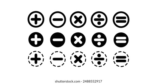 Math Symbols, math icon, Calculator symbol collection. Mathematics symbol set. Math sign icons. Vector isolated illustration, Plus, minus, multiplication division, equal icon set