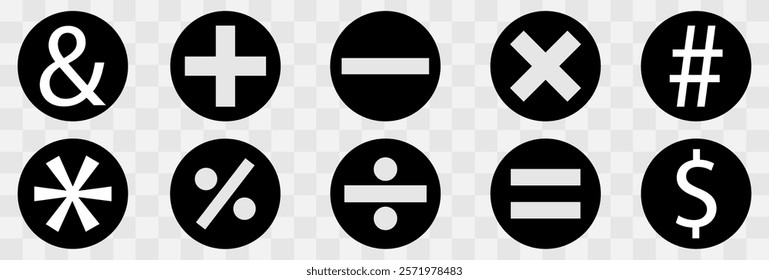 Math symbols icon set. Basic mathematical symbol. Plus and minus icon set. Multiply icon. Equals symbol, division symbol, Calculator button, business finance concept in vector, eps10