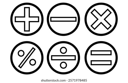 Math symbols icon set. Basic mathematical symbol. Plus and minus icon set. Multiply icon. Equals symbol, division symbol, Calculator button, business finance concept in vector, eps10