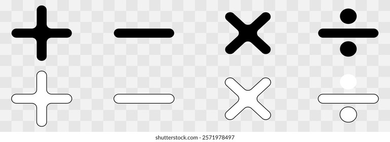 Math symbols icon set. Basic mathematical symbol. Plus and minus icon set. Multiply icon. Equals symbol, division symbol, Calculator button, business finance concept in vector, eps10