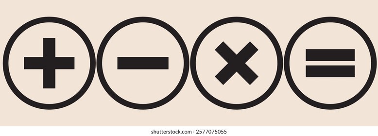 Math symbols icon set. Basic mathematical symbol. Plus and minus icon set. Multiply icon. Equals symbol, division symbol, Calculator button, business finance concept in vector,
