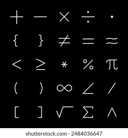 math symbols, icon set. mathematical calculations. Line with editable stroke. Symbols on black background. Editable stroke.
