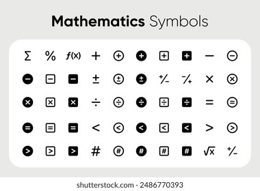 Math symbols, icon set. mathematical calculations. Collection of icons with plus, minus, root, greater than less than