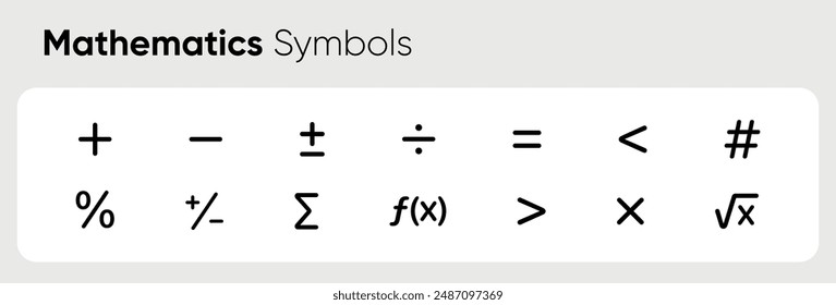 Símbolos matemáticos, conjunto de iconos. Cálculos matemáticos. Colección de iconos con más, menos, raíz, mayor que menor que