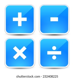 Math symbols on blue backgrounds (addition, subtraction, multiplication, division signs, symbols, marks)