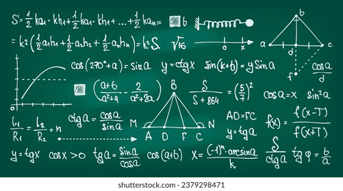 Math symbols on chalkboard. Hand drawn blackboard with mathematical equation, math problem solution and trigonometry lecture concept. Vector illustration of blackboard school math symbol