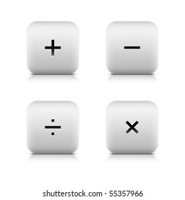 Math symbols on white stone web 2.0 buttons. Smooth rounded square shapes with shadow and reflection on white background. Mesh technique.