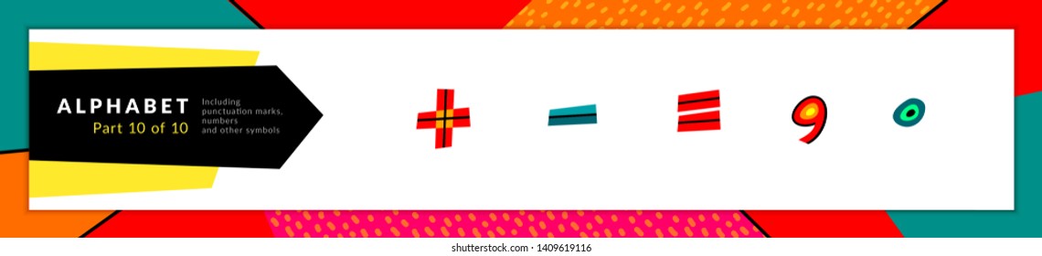 Math symbols and punctuation marks of the alphabet. Vector stylized colorful plus, minus, equal, comma and dot icons set. Typography design and illustration.  Font isolated on white background. Vector