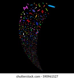 Math Symbols random fireworks stream. Vector illustration style is flat bright multicolored iconic symbols on a black background. Object fountain made from scattered design elements.