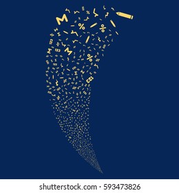 Math Symbols random fireworks stream. Vector illustration style is flat yellow iconic symbols on a blue background. Object fountain constructed from scattered symbols.