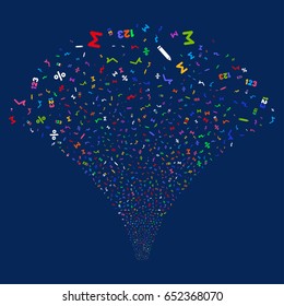 Math Symbols salute stream. Vector illustration style is flat bright multicolored iconic symbols on a blue background. Object explosion fountain made from random design elements.