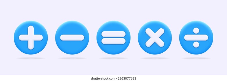 Símbolos matemáticos establecidos. Matemática más, menos, igual, multiplica y divide las señales en el botón azul. 3d elemento para el concepto de educación, aprendizaje, cálculo, contabilidad, operaciones financieras. Vector aislado