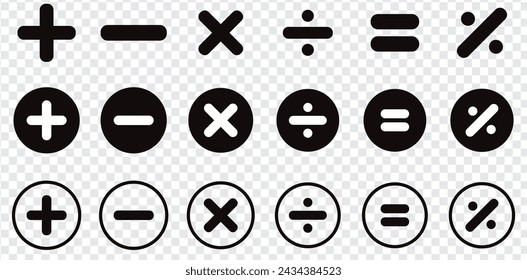 Conjunto de símbolos matemáticos. Signos matemáticos más, menos, igual, multiplicar y dividir. Educación, aprendizaje, cálculo, contabilidad, concepto de operaciones financieras. Vector aislado