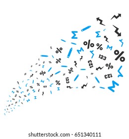 Math Symbols source stream. Vector illustration style is flat blue and gray iconic symbols on a white background. Object explosion fountain combined from scattered symbols.