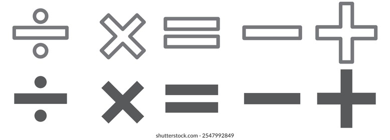 Símbolos matemáticos para el Web. Suma, resta, multiplicación, diseño de Vector de símbolos de división simple. Icono de Web de signo matemático aislado sobre fondo blanco