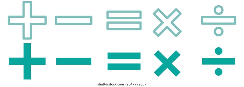 Símbolos matemáticos para el Web. Suma, resta, multiplicación, diseño de Vector de símbolos de división simple. Icono de Web de signo matemático aislado sobre fondo blanco