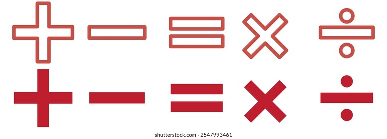 Símbolos matemáticos para el Web. Suma, resta, multiplicación, diseño de Vector de símbolos de división simple.