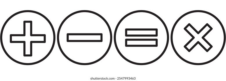 Símbolos matemáticos para el Web. Suma, resta, multiplicación, diseño de Vector de símbolos de división simple.