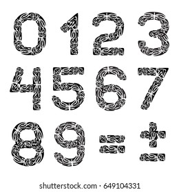 Math symbols for your design. Polynesian pattern font. Vector illustration for coloring page, tattoos, invitations or decoration. 