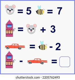 Math task. We teach math, addition and subtraction problems for preschoolers. Worksheet for preschool children. Additional education. Vector