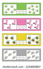 Math tasks for children, a worksheet. The child’s task is to count the elements in the sets and mark the appropriate sign: minority, majority, equality. Vector illustration