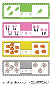 Math tasks, a worksheet for children. The child’s task is to count the elements in the sets and mark the appropriate sign: minority, majority, equality. Cute vector illustration