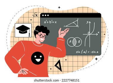 Math teacher concept. Man stands at blackboard and writes formulas and geometric shapes. Young guy teaching. Poster or banner for website. Education and training. Cartoon flat vector illustration