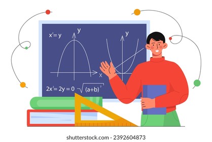 Math teacher concept. Young guy give lesson or lecture. Character near blackboad with equation. Education, learning and training. Cartoon flat vector illustration isolated on white background