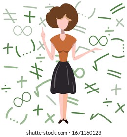 A math teacher explains the topic of a lesson to a class. Algebra and geometry. Higher mathematics for a teapot. The teacher gives knowledge to pupils and students. Flat cartoon vector illustration.