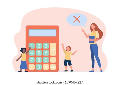 Math teacher forbidding to use calculator. Teaching, prohibition sign in speech bubble, kids. Flat vector illustration. Education, studying concept for banner, website design or landing web page