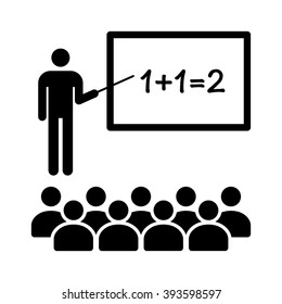 Math teacher holding stick in classroom with students flat vector icon for education apps and websites
