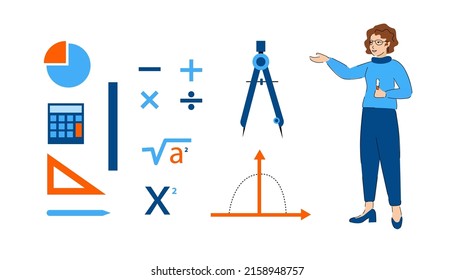 Math teacher with mathematics elements. Illustration of different formulas, signs and education tools.