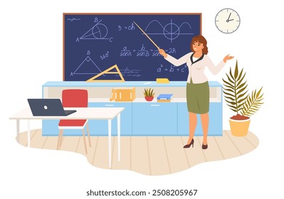 Math teacher standing at blackboard explaining subject in classroom