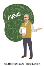 A math teacher standing on the background of a chalkboard with equations drawn on it.