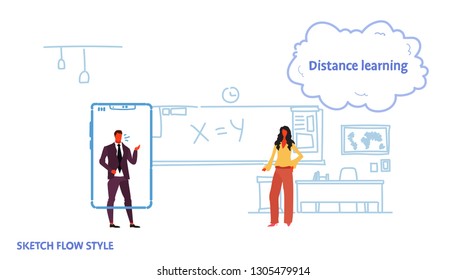 math teacher teaching business man using mobile application standing smartphone screen distance learning concept classroom interior sketch flow style horizontal