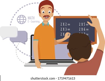 A math teacher teaching his student in online class illustration