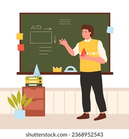 Math teacher teaching at school board in classroom vector illustration. Cartoon smart man pointing at chalkboard, tutor character holding pyramid to explain mathematic knowledge at lesson of geometry