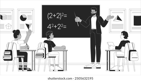 Math teacher teaching schoolchildren black and white line illustration. African american teacher, diverse elementary students 2D characters monochrome background. Mathematics outline vector image