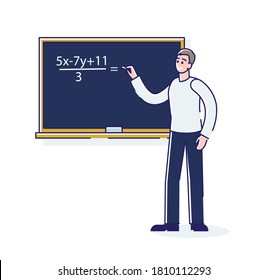 Math teacher or university professor standing at blackboard solving algebra formula. Student answering at mathematics at chalkboard. Cartoon linear vector illustration