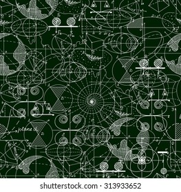 Math technical vector seamless pattern of formulas, geometrical figures, calculations, shuffled together. Scientific endless texture. You can use any color of background