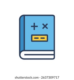 Math textbook with addition, subtraction, and multiplication symbols