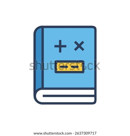 Math textbook with addition, subtraction, and multiplication symbols